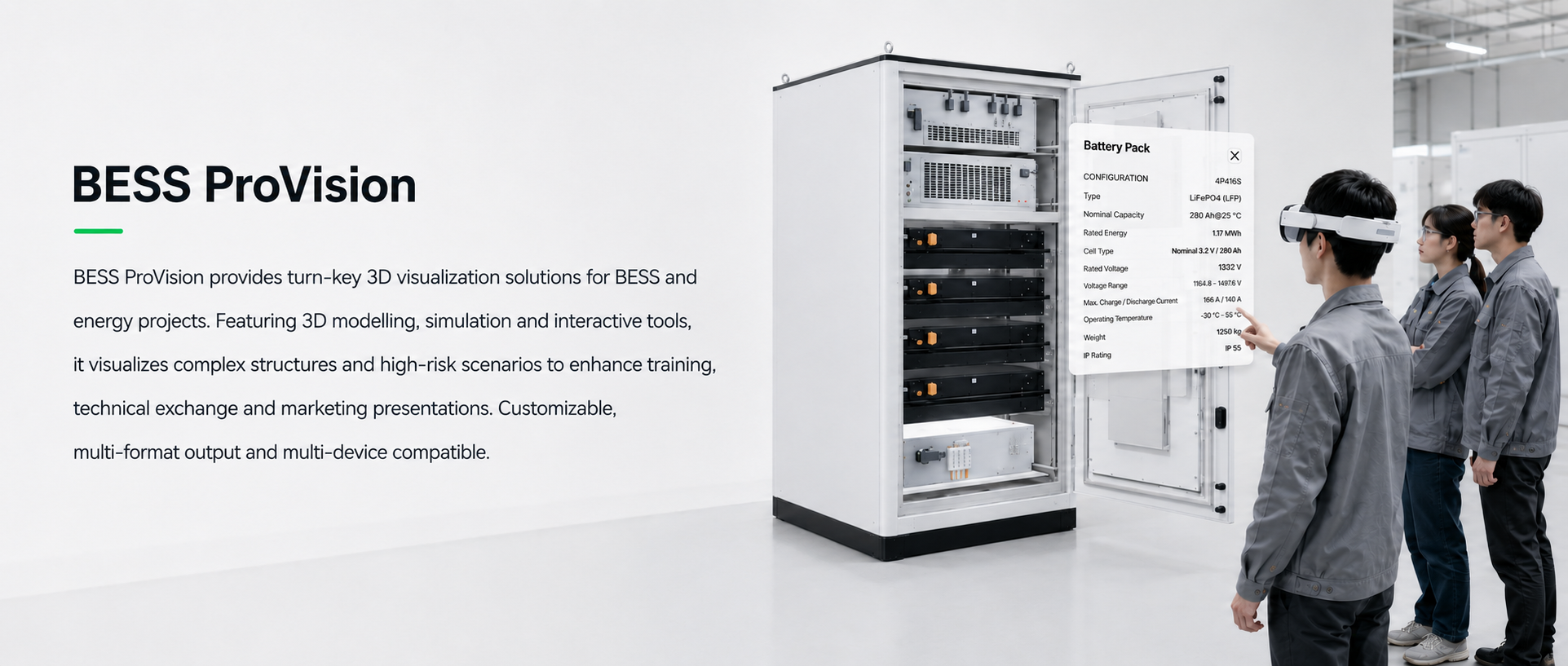 BESS ProVision training with an open battery energy storage cabinet and mixed-reality interface